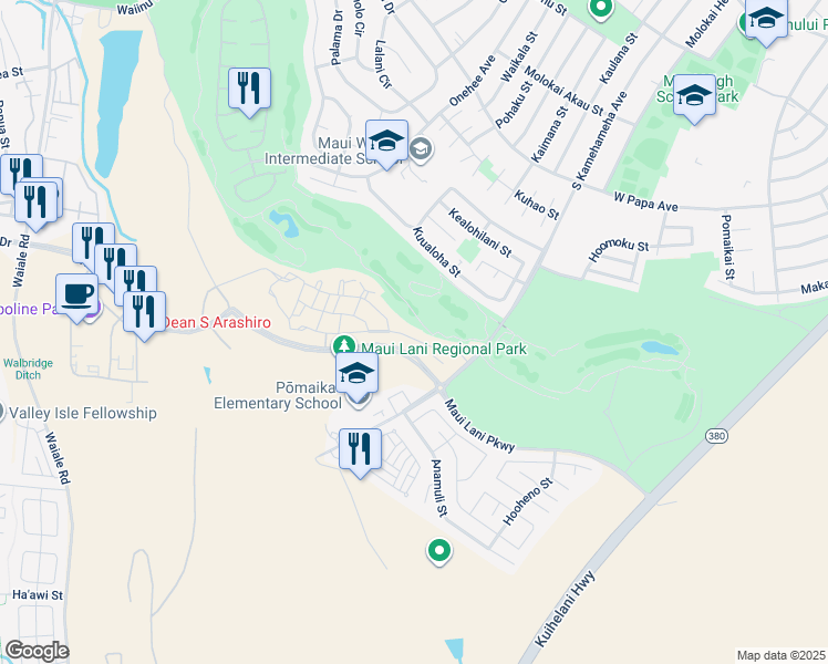 map of restaurants, bars, coffee shops, grocery stores, and more near 58 'Olina Street in Kahului