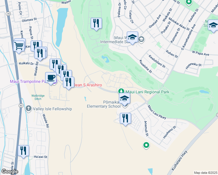 map of restaurants, bars, coffee shops, grocery stores, and more near 167 'Olina Street in Kahului