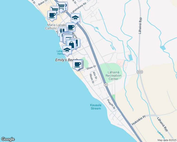 map of restaurants, bars, coffee shops, grocery stores, and more near 485 Ilikahi Street in Lahaina