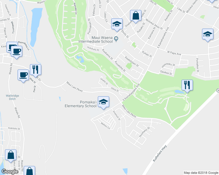 map of restaurants, bars, coffee shops, grocery stores, and more near 75 'Olina Street in Kahului