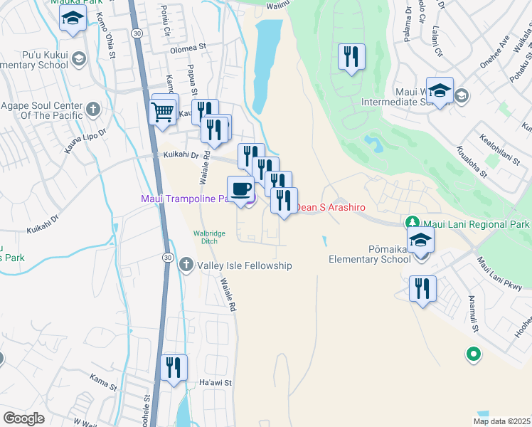 map of restaurants, bars, coffee shops, grocery stores, and more near 32 Paa Street in Kahului
