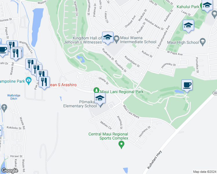 map of restaurants, bars, coffee shops, grocery stores, and more near 87 'Olina Street in Kahului