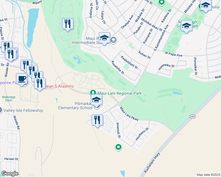 map of restaurants, bars, coffee shops, grocery stores, and more near 62 'Olina Street in Kahului