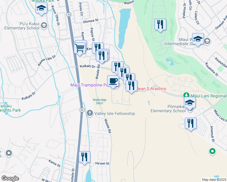 map of restaurants, bars, coffee shops, grocery stores, and more near 47 Laa Street in Kahului