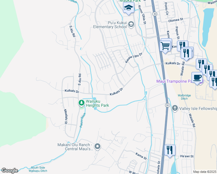 map of restaurants, bars, coffee shops, grocery stores, and more near 36 Pa'alae Place in Wailuku