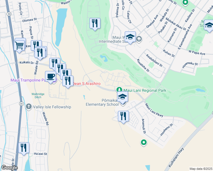 map of restaurants, bars, coffee shops, grocery stores, and more near 171 'Olina Street in Kahului