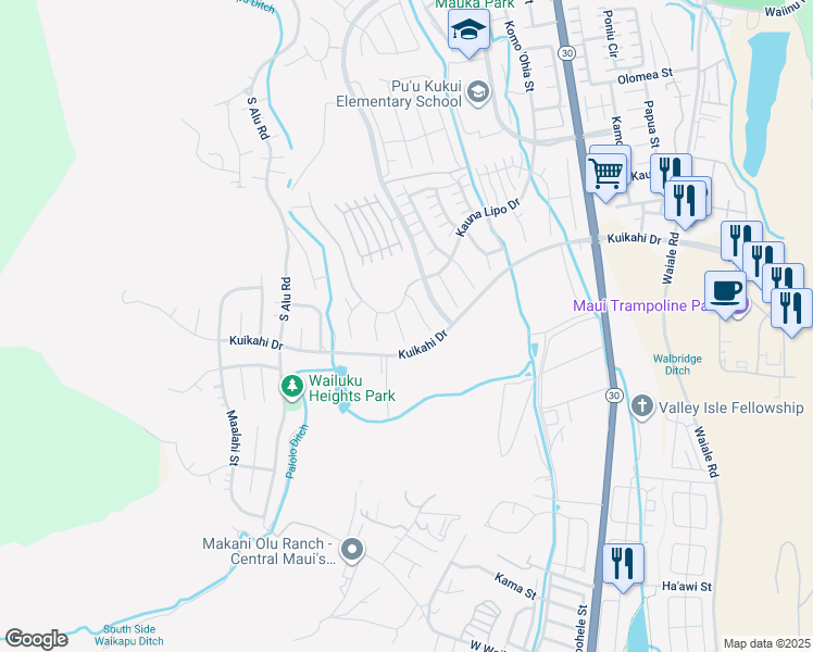 map of restaurants, bars, coffee shops, grocery stores, and more near 36 Noho'ana Place in Wailuku