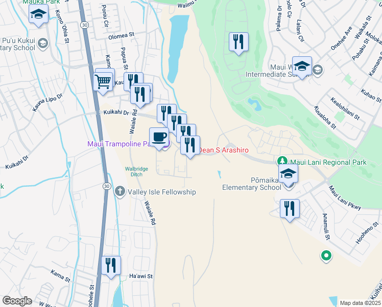 map of restaurants, bars, coffee shops, grocery stores, and more near 141 Maa Street in Kahului