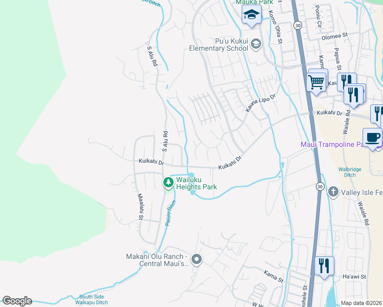 map of restaurants, bars, coffee shops, grocery stores, and more near 45 Papakapu Place in Wailuku