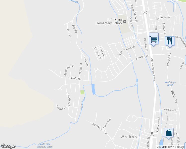 map of restaurants, bars, coffee shops, grocery stores, and more near 45 Papakapu Place in Wailuku