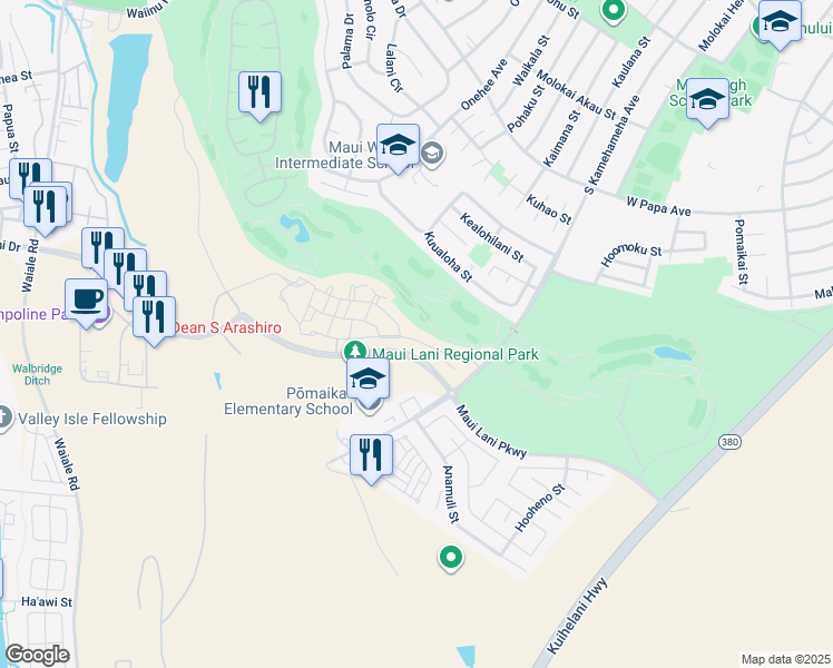 map of restaurants, bars, coffee shops, grocery stores, and more near 66 'Olina Street in Kahului