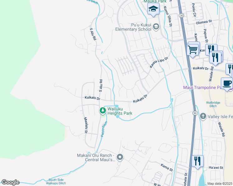 map of restaurants, bars, coffee shops, grocery stores, and more near 45 Papakapu Place in Wailuku