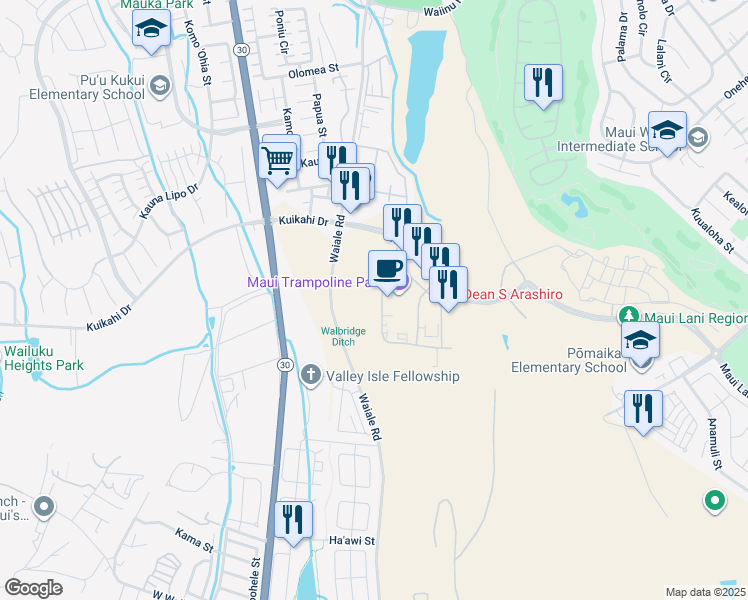 map of restaurants, bars, coffee shops, grocery stores, and more near 38 Laa Street in Kahului