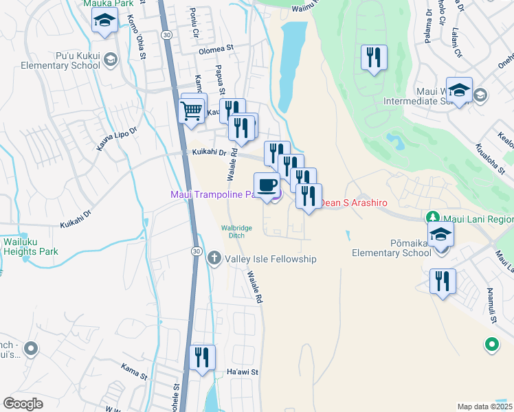 map of restaurants, bars, coffee shops, grocery stores, and more near 38 Laa Street in Kahului