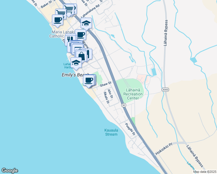 map of restaurants, bars, coffee shops, grocery stores, and more near 509 Ilikahi Street in Lahaina