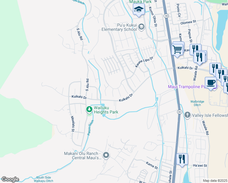 map of restaurants, bars, coffee shops, grocery stores, and more near 42 Pa'alae Place in Wailuku