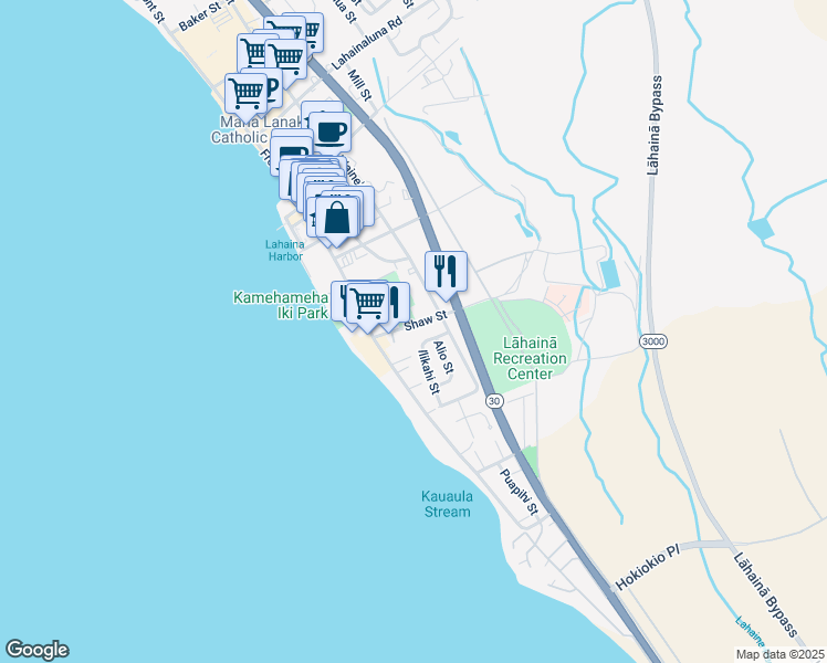 map of restaurants, bars, coffee shops, grocery stores, and more near 485 Ilikahi Street in Lahaina