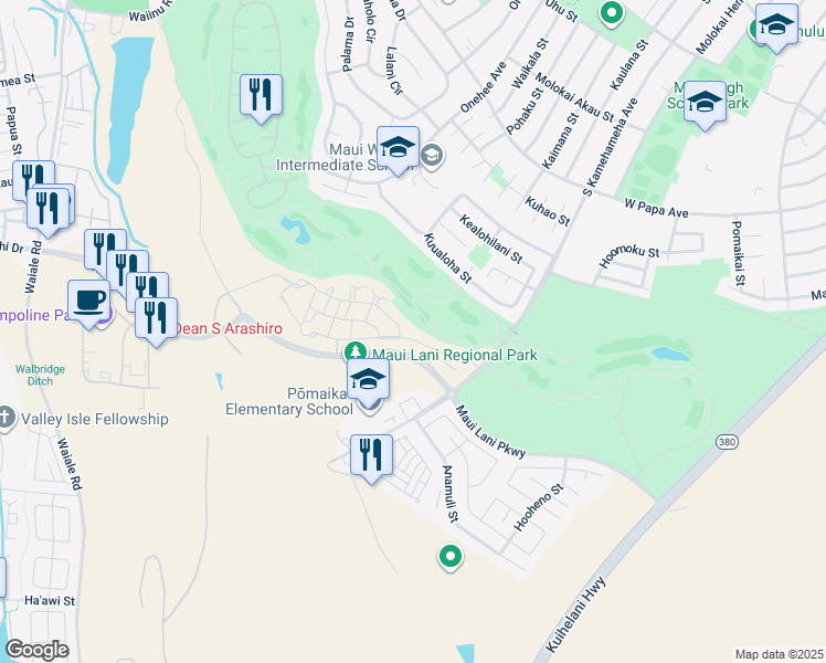 map of restaurants, bars, coffee shops, grocery stores, and more near 16 Onini Street in Kahului