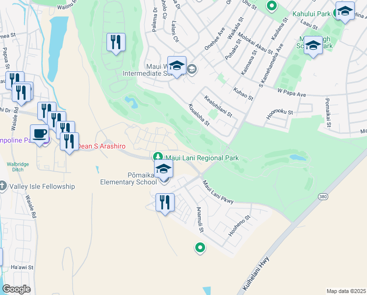 map of restaurants, bars, coffee shops, grocery stores, and more near 70 'Olina Street in Kahului