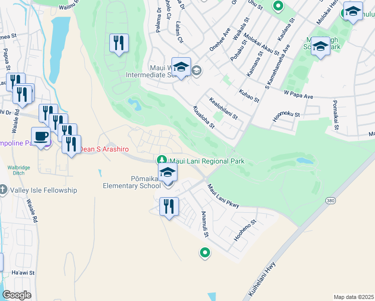 map of restaurants, bars, coffee shops, grocery stores, and more near 84 'Olina Street in Kahului
