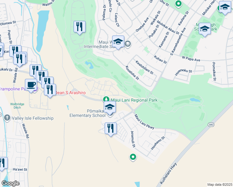 map of restaurants, bars, coffee shops, grocery stores, and more near 88 'Olina Street in Kahului