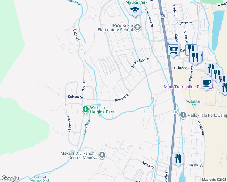 map of restaurants, bars, coffee shops, grocery stores, and more near 36 Pa'alae Place in Wailuku