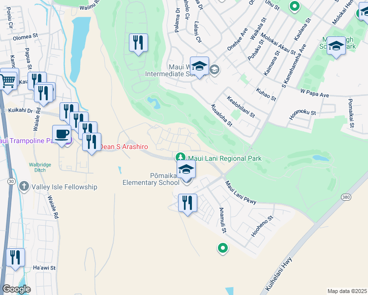 map of restaurants, bars, coffee shops, grocery stores, and more near 118 'Olina Street in Kahului