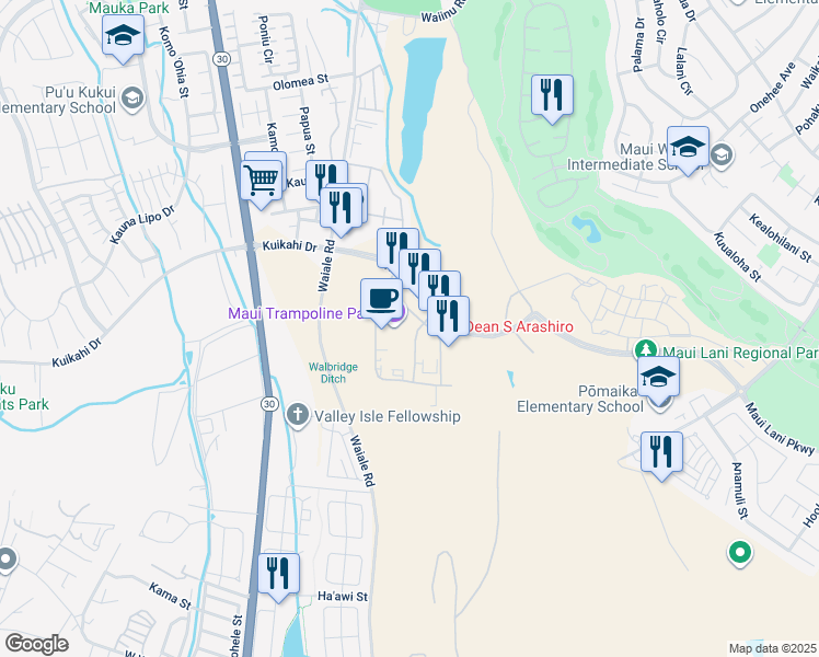 map of restaurants, bars, coffee shops, grocery stores, and more near 24 Paa Street in Kahului