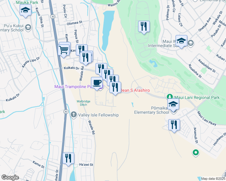 map of restaurants, bars, coffee shops, grocery stores, and more near 137 Maa Street in Kahului