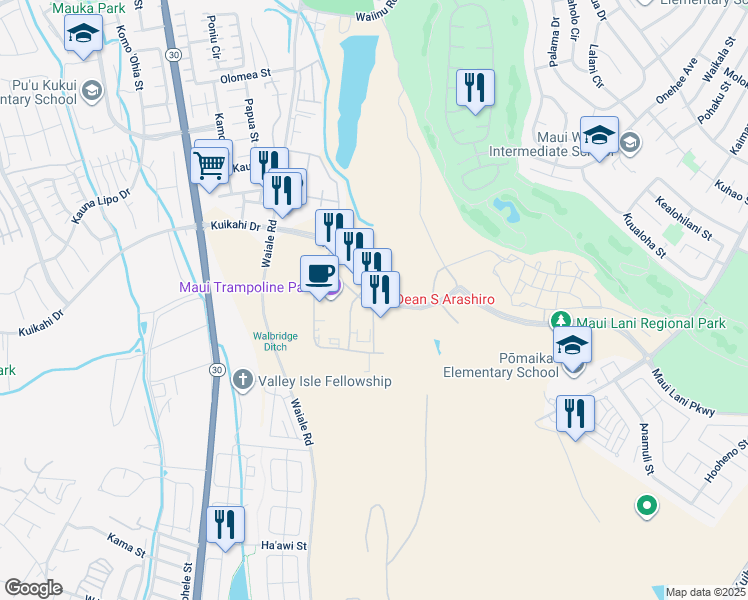 map of restaurants, bars, coffee shops, grocery stores, and more near 137 Maa Street in Kahului