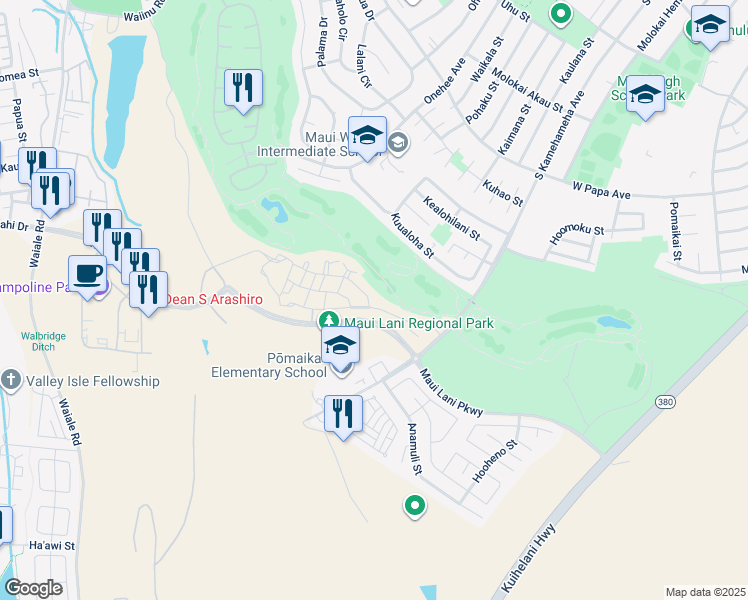 map of restaurants, bars, coffee shops, grocery stores, and more near 35 Lalaha Place in Kahului