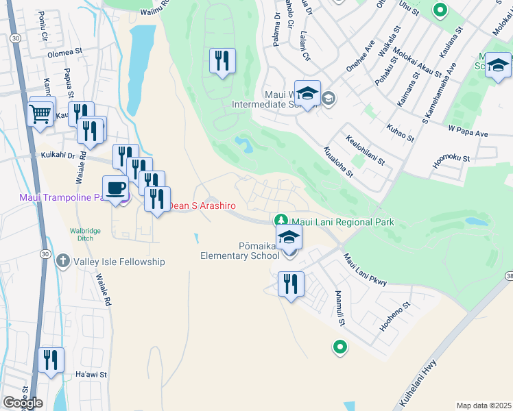 map of restaurants, bars, coffee shops, grocery stores, and more near 176 Kuena Lane in Kahului