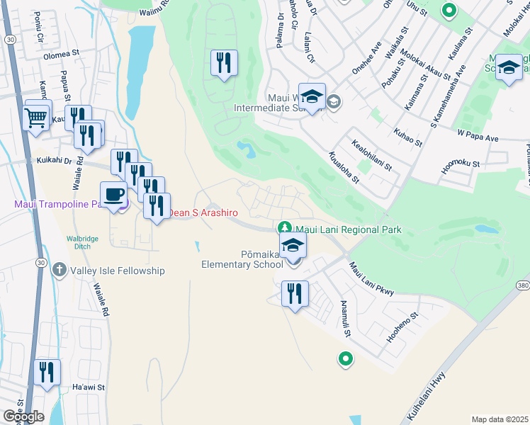 map of restaurants, bars, coffee shops, grocery stores, and more near 153 Lahai Lane in Kahului