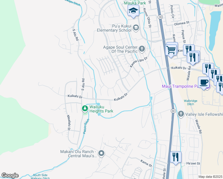 map of restaurants, bars, coffee shops, grocery stores, and more near 53 Noho'ana Place in Wailuku