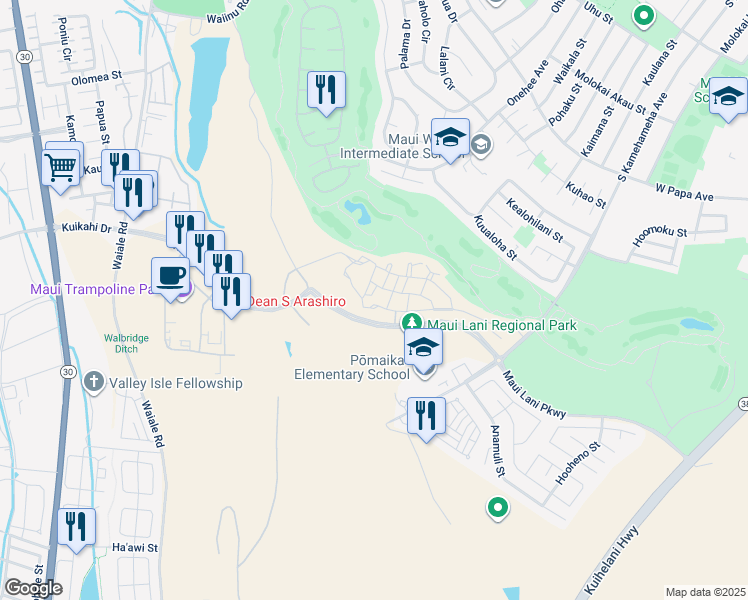 map of restaurants, bars, coffee shops, grocery stores, and more near 176 Kuena Lane in Kahului