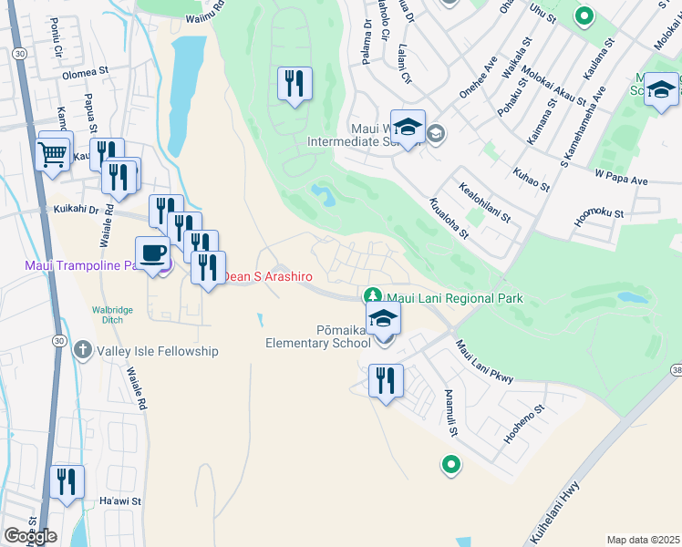 map of restaurants, bars, coffee shops, grocery stores, and more near 180 Kuena Lane in Kahului