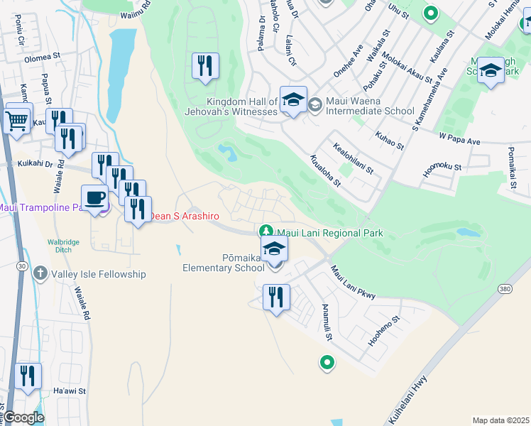 map of restaurants, bars, coffee shops, grocery stores, and more near 23 Halina Street in Kahului