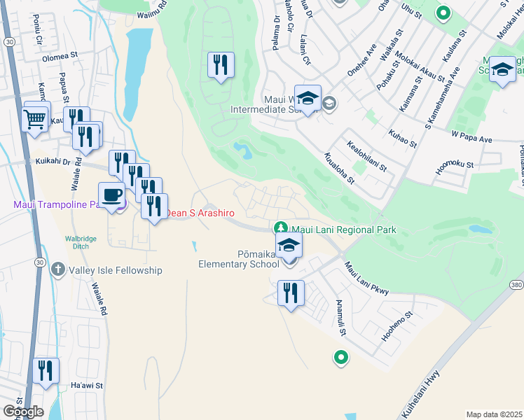map of restaurants, bars, coffee shops, grocery stores, and more near 157 Lahai Lane in Kahului