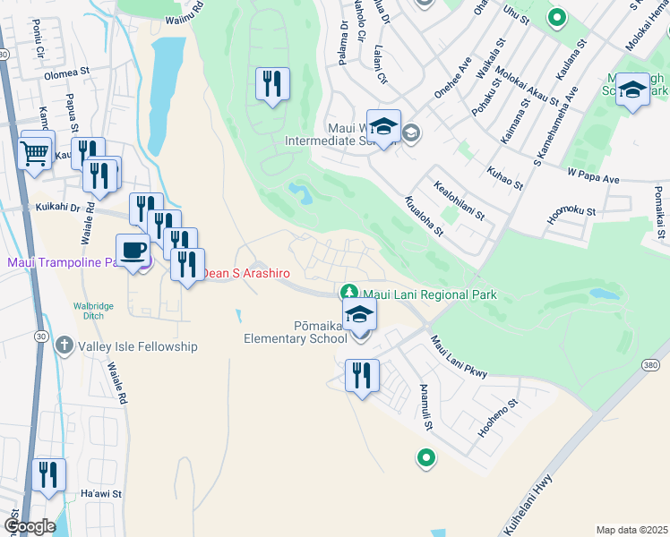 map of restaurants, bars, coffee shops, grocery stores, and more near 160 Lahai Lane in Kahului