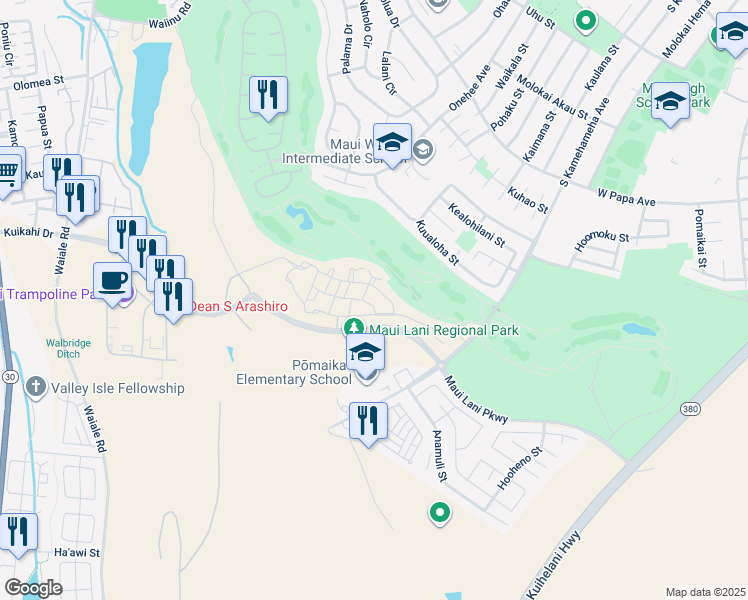 map of restaurants, bars, coffee shops, grocery stores, and more near 26 Kaana St in Kahului