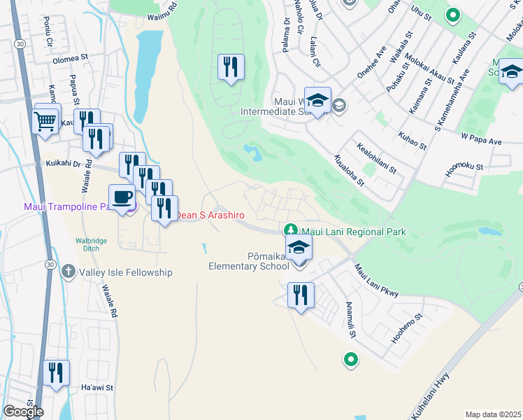 map of restaurants, bars, coffee shops, grocery stores, and more near 181 Kuena Lane in Kahului