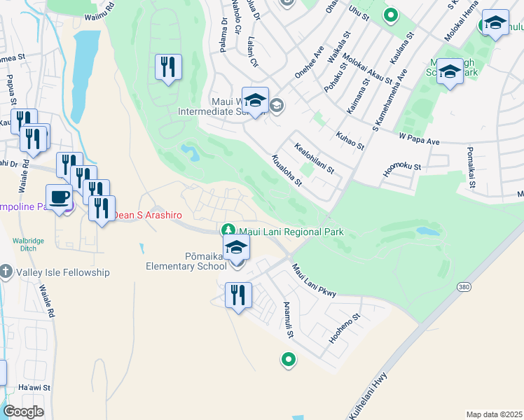 map of restaurants, bars, coffee shops, grocery stores, and more near 26 Kaana St in Kahului