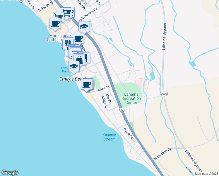map of restaurants, bars, coffee shops, grocery stores, and more near 494 Waine'e Street in Lahaina