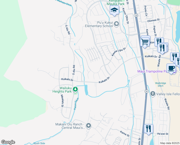 map of restaurants, bars, coffee shops, grocery stores, and more near 68 Papakapu Place in Wailuku