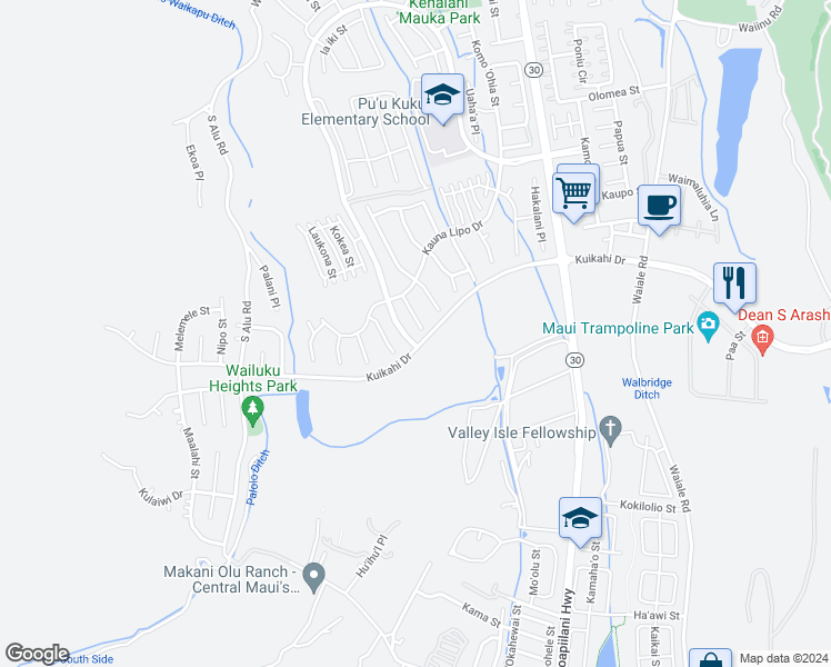 map of restaurants, bars, coffee shops, grocery stores, and more near 15 Malihini Place in Wailuku
