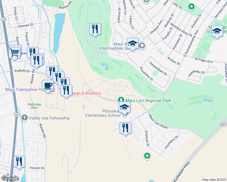 map of restaurants, bars, coffee shops, grocery stores, and more near 161 Lahai Lane in Kahului