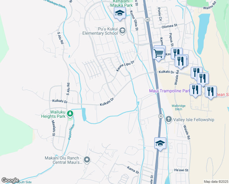 map of restaurants, bars, coffee shops, grocery stores, and more near 15 Malihini Place in Wailuku