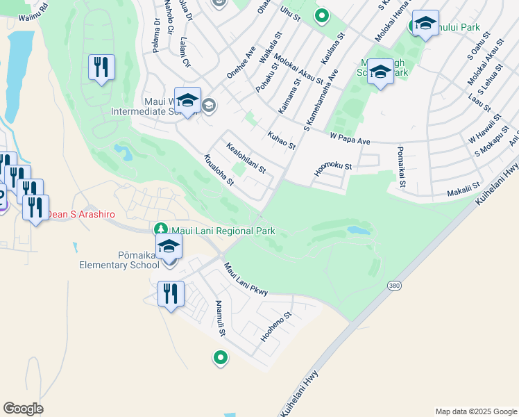 map of restaurants, bars, coffee shops, grocery stores, and more near 33 Kuualoha Street in Kahului
