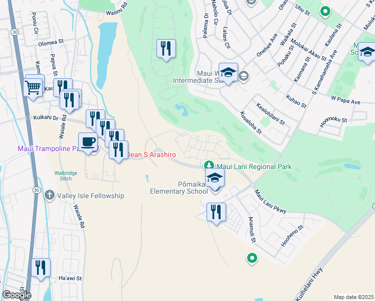 map of restaurants, bars, coffee shops, grocery stores, and more near 181 Kuena Lane in Kahului
