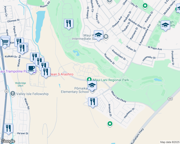 map of restaurants, bars, coffee shops, grocery stores, and more near 11 Kaana St in Kahului